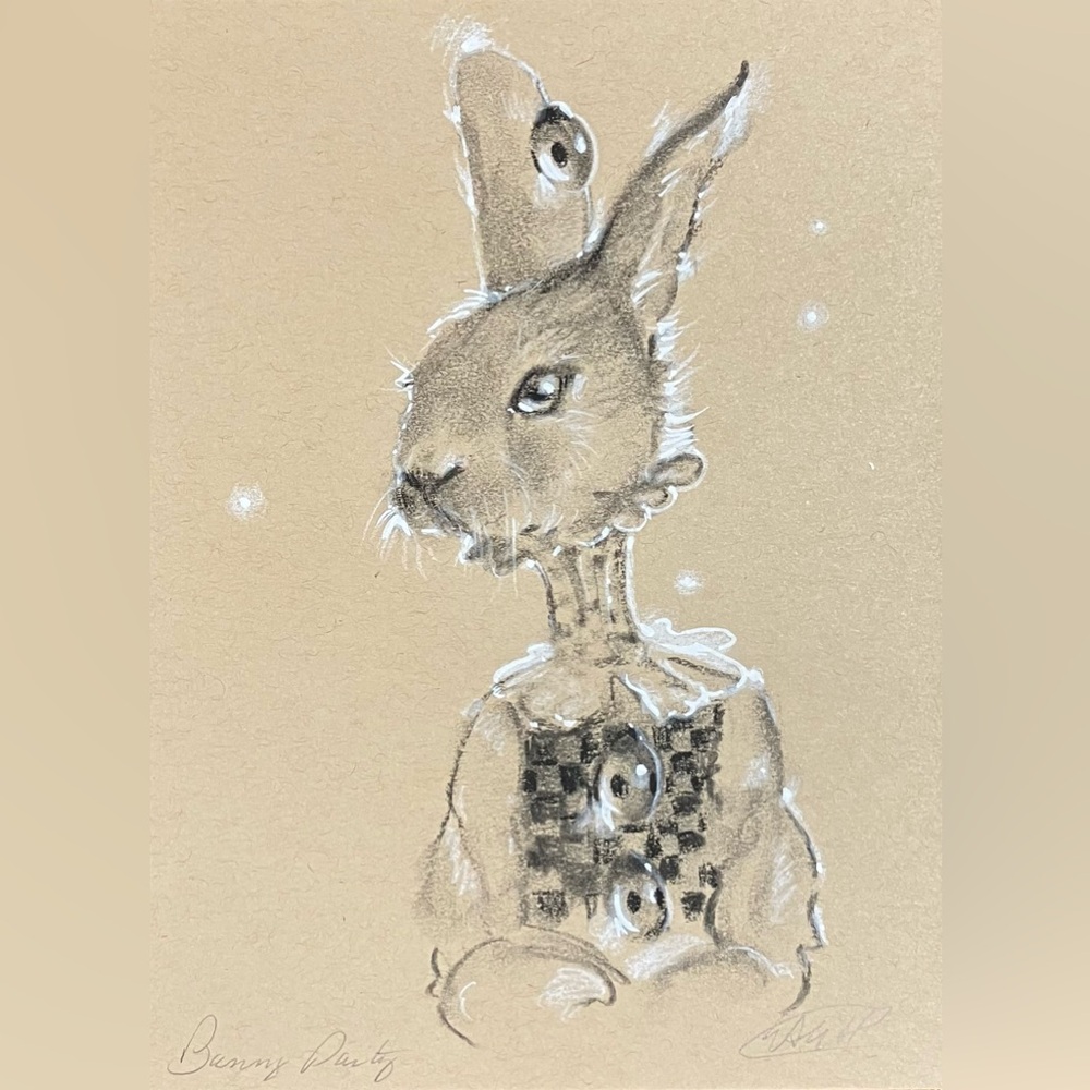 ORIGINAL Bunny Rabbit painting Whimsical art surreal pastel Charcoal artwork